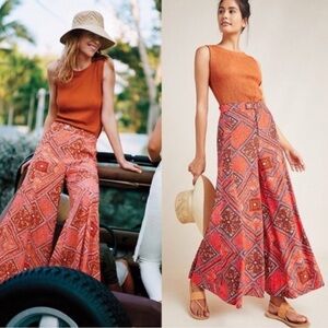 Anthropologie Coral Geometric Patterned Women's Skirted Wide Leg Pants